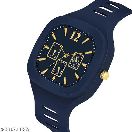 A multi-analog wristwatch with a square dial, silicone strap, and minimalistic design