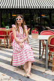 Pink and White Viscose Rayon Fit and Flare Dress, striped pattern, three-quarter sleeves. Ideal for party wear, women's fashion from around the globe." (105 characters)