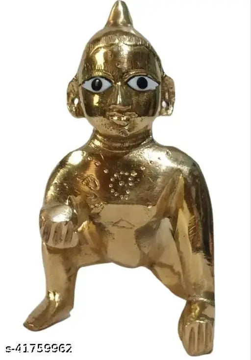 Brass Bal Gopal/Laddu Gopal idol, certified by Astrologer, offers prosperity & happiness. Size Two, 6 cm length, 6.5 cm height. Made in India