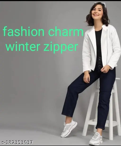White cotton blend long-sleeve winter zipper for women - Solid design, perfect for cold weather