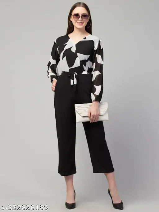 Printed Georgette jumpsuit for women, long sleeves, available in sizes S-XL, India origin