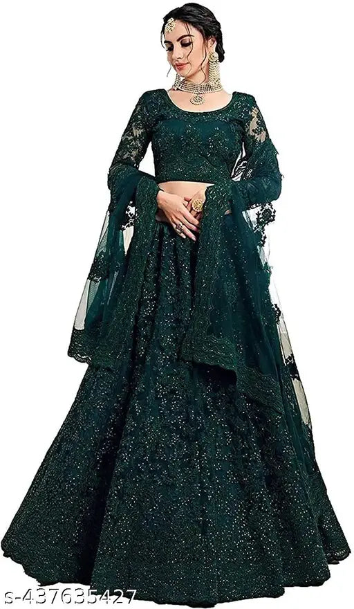 Embroidered net lehenga-choli set with embellished dupatta, semi-stitched (42in waist, 42in length), Indian origin