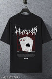 Black cotton blend t-shirt for men, printed with card leader design on a solid background. Oversized fit with short sleeves in sizes S - XXL. Product made in India