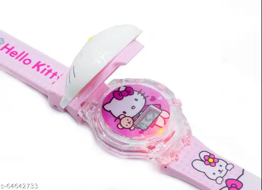 3D Hello Kitty Face Based Toy Design Digital Glowing Watch with Disco Music and Blinking Lights for Kids | for Boys Girls- Good Birthday Return Gift