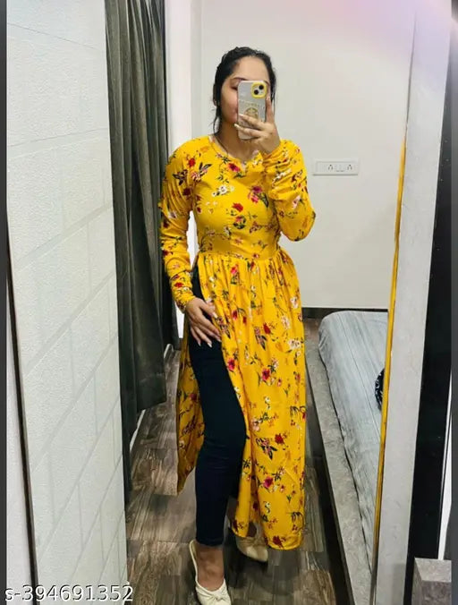 Crepe printed Anarakali kurtas, three-quarter sleeves, Indian traditional wear for women - S (36in bust, 50in size length)