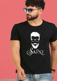 Printed black polyester t-shirt by Beard Men Saini, short sleeves, size M (38 in chest), India origin