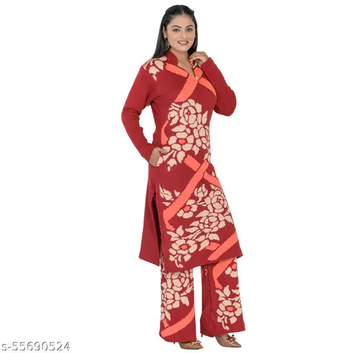 Women's modern full sleeve woolen A-Line Kurta with Palazzo, printed net design, warm and comfortable winterwear for casual or occasional occasions, made in India