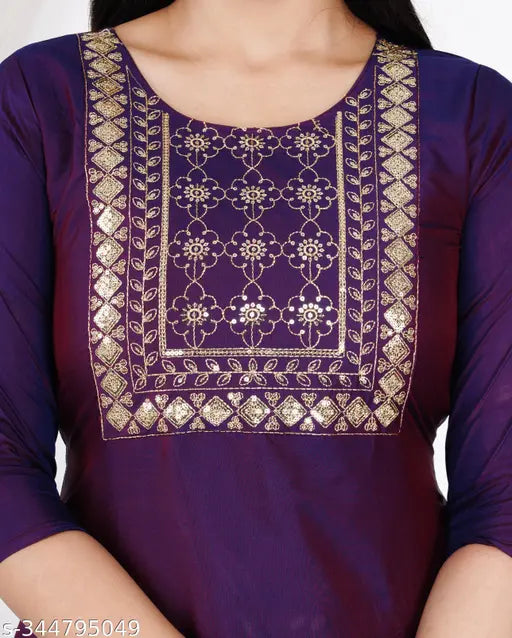 Art Silk three-quarter sleeve women's kurta by Urbane Sequnce Staylish, solid design on Indian-made embroidered work kurta