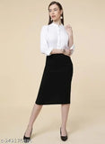 Black pencil skirt with back slit, solid net, polycotton material. Formal black skirt on model, displaying a stylish waist slit and versatile sizing options