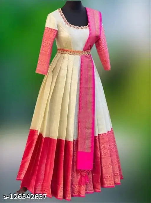 Jacquard three-quarter sleeve women's gown, Zari woven net design, Indian handcrafted, XS-XXXXL sizes available