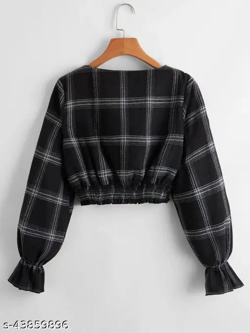 Dark wash western check top, cotton blend, three-quarter sleeves. Self-designed denim jacket in premium quality fabric for women's casual style. Close-up shows regular collar and button closure
