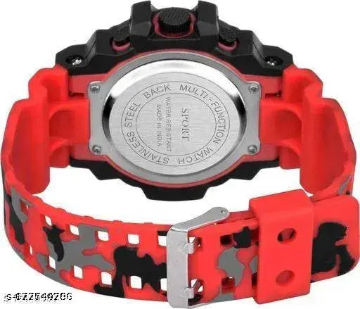 Colorful digital watch with red strap and face, suitable for kids