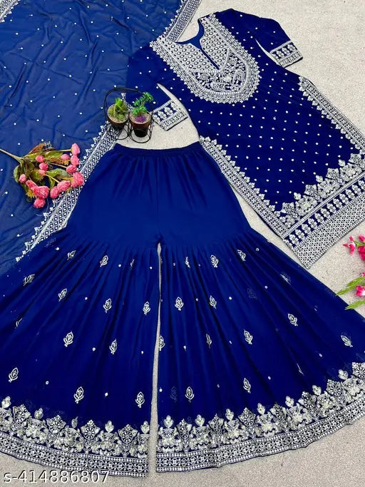Blue sequin embroidered top and dupatta set, fully stitched readymade fashion collection