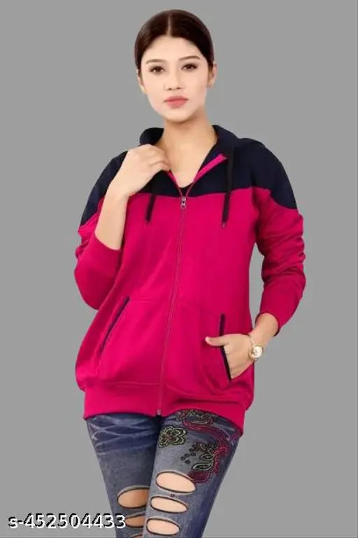 Fleece colorblocked hoodie jacket by Haniya Fashion, women's long sleeve style from India