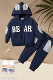Dark blue wool bear hoodie set for kids, soft and durable print design