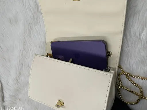 Beige quilted fabric sling bag with twist lock