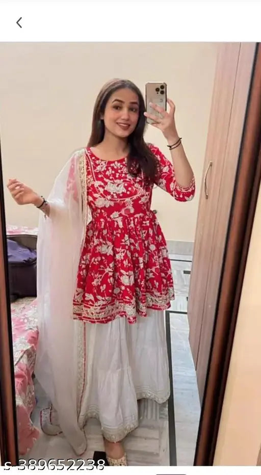 Red and white kurta with dupatta, fashionable women's outfit