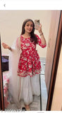 Red and white kurta with dupatta, fashionable women's outfit