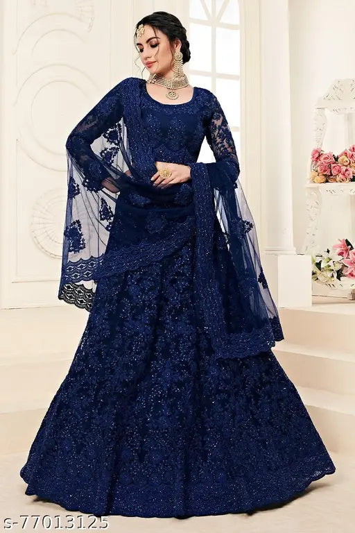 Designer net embroidered Lehenga Choli and Dupatta set, free size with heavy embellishments, Indian origin