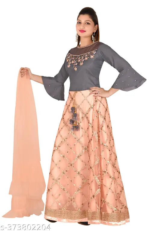 Embroidered net Lehenga Choli set for girls (Art Silk, Net), 3/4 sleeve, embellished, Indian origin