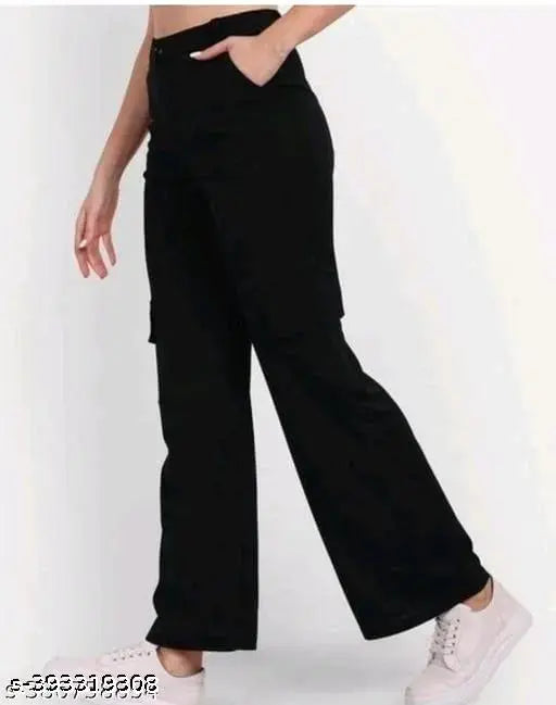 Black solid bell bottom trousers, women's style