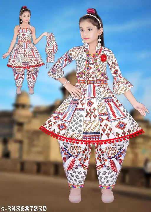 Cotton blend dhoti kurta set for girls, vibrant ethnic Navratri dress, long sleeves