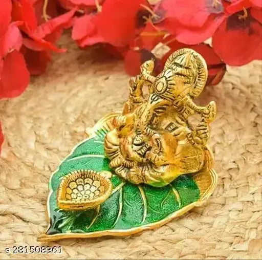 Gold-leaf Meena leaf Minakari Ganesh Idol, Indian handcrafted metal statue with front diya, 4cmx8cmx10cm