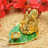 Gold-leaf Meena leaf Minakari Ganesh Idol, Indian handcrafted metal statue with front diya, 4cmx8cmx10cm