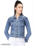 Blue denim Teen Patti jacket Dhol wash, solid pattern, long sleeves, women's size S-XL, India origin