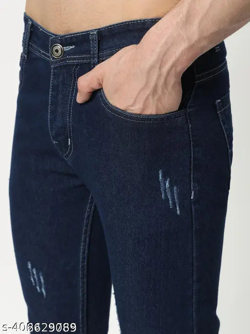 High-quality blue denim men's slim fit high-rise jeans, versatile and stylish addition to any wardrobe