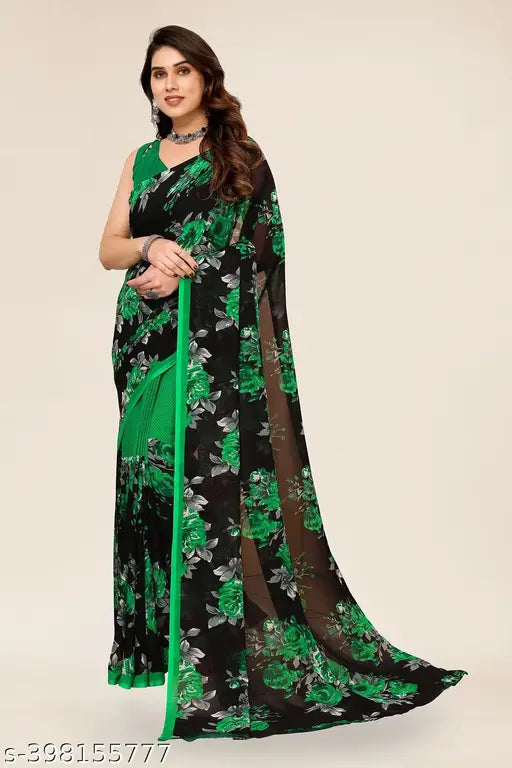 Trendy georgette saree with blouse piece, black and green lehenga style, suitable for daily wear