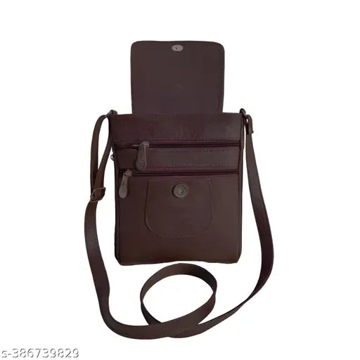 Brown leather sling bag with five zips, casual style
