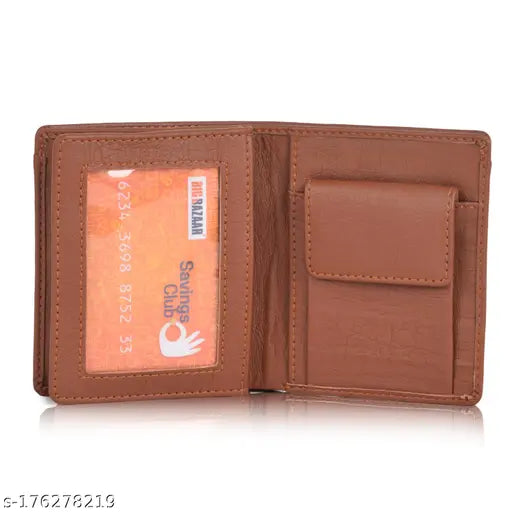 Brown PU two-fold leather men's wallet by Felice, well-designed with 7 card slots, 2 secret compartments, 1 coin pocket, and 2 currency compartments. Durable cloth lining and free size (12cm x 10cm). Made in India