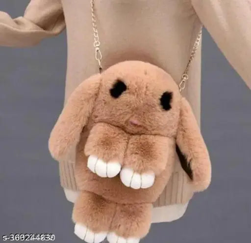 (1PC Brown Colour) Cute Rabbit Sling Bag, Fluffy Bunny Shoulder Bag, Cross Body Sling Bag For Girls, Soft Hand Bag For Girls,