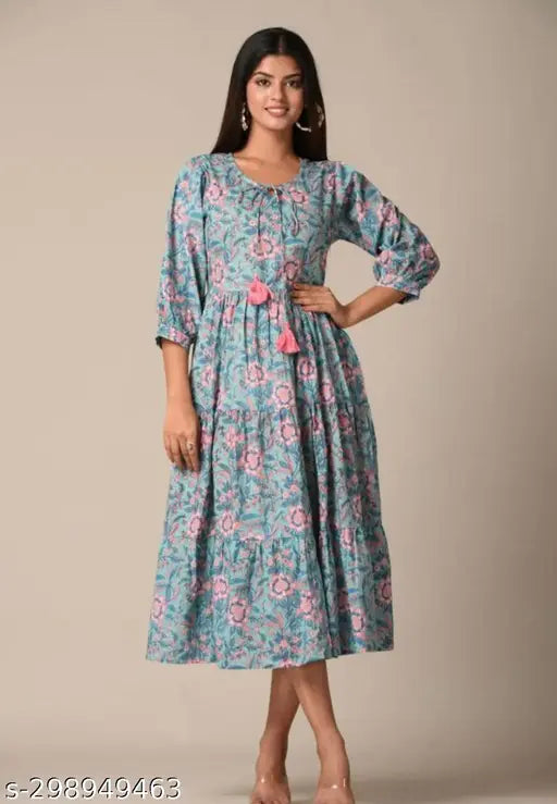 Cotton printed flared middy, three-quarter sleeves, vibrant pattern for women's fashion, single sizes available S-XXL, India-made