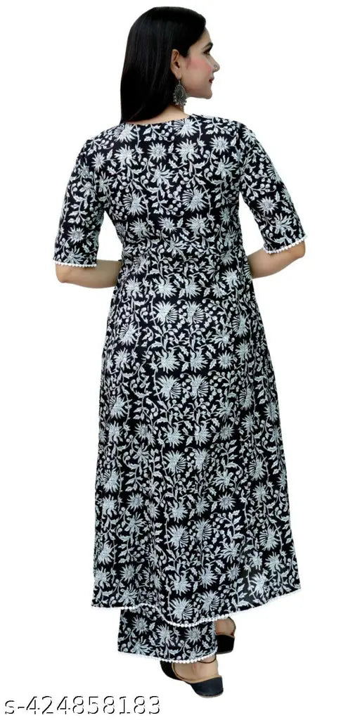 Jivika Pretty Women Kurta Sets - Rayon and Viscose, short-sleeved printed net kurta with palazzos, S, M, L, XL, XXL sizes available, Indian origin