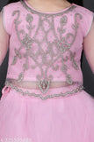 New acrylic Sea Pink Lehenga Choli with long-sleeved embroidered top and net dupatta, Aari work, for girls aged 5-12 years. Indian kid's party wear or wedding collection