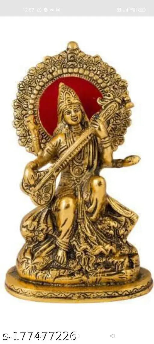 Saraswati JI metal idol statue, 22x12 cm: Metallic Saraswati Goddess of Knowledge for home decor, Pooja Samagri, and spiritual spaces