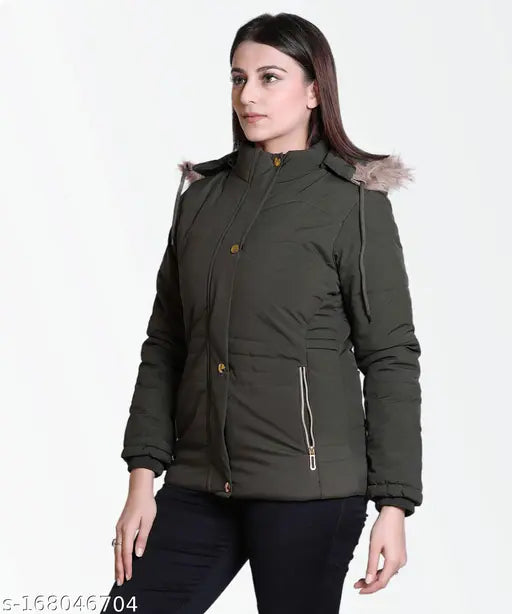 Nylon quilted women's full sleeve hooded jacket (M: Bust 40in, Length 26in; XXL: Bust 46in, Length 29in), solid pattern design