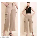 Trendy cotton blend cargo pants for women and girls, solid color with four pockets