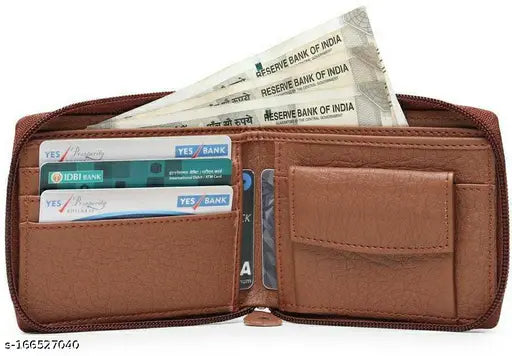 Casual tan artificial leather wallet for men, 5 card slots, solid pattern on canvas material