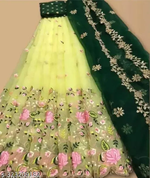 Dupion silk lehenga with net paisley dupatta, Indian women's ensemble for free size (44m/42m/2.3m)