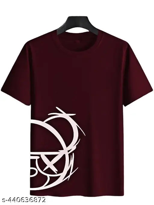 Trendy men's printed fashion t-shirt in wine color, polyester fabric with short sleeves and casual fit, suitable for everyday wear
