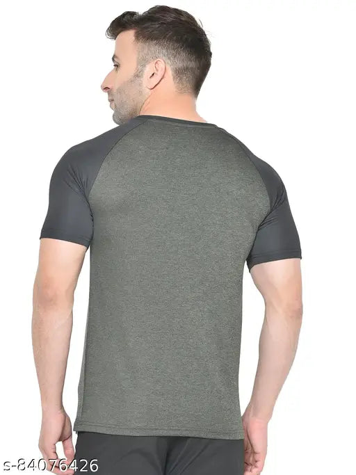 Grey printed active Chkokko men's t-shirt with short sleeves, 100% polyester, moisture-wicking fabric, eye-catching design. XL (Chest size: 42in, Length size: 30in), made in India