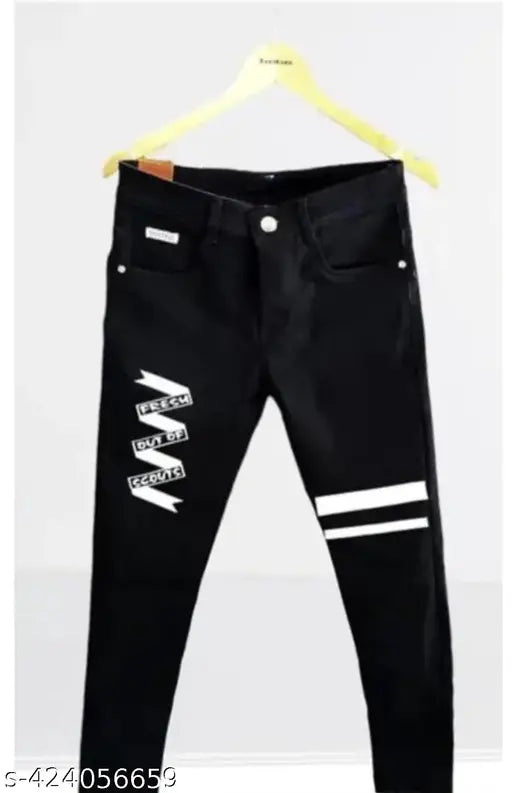 Men's black printed jeans with a blue denim wash