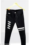 Men's black printed jeans with a blue denim wash