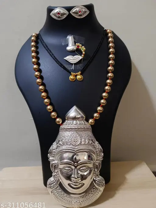 Metal Laxmi idol, ornate Laxmi mukuta, traditional Indian God Pooja figure