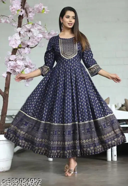 Royal blue rayon anarkali kurta with border detailing, embroidered paisley design
