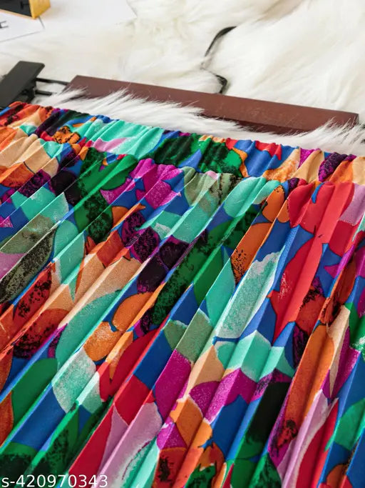 Floral Print Elastic Waist Pleat Skirt with Crepe Fabric - Spring/Summer wardrobe essential for women in various sizes (26-38in waist, 38in length, 26-38in hip), India origin