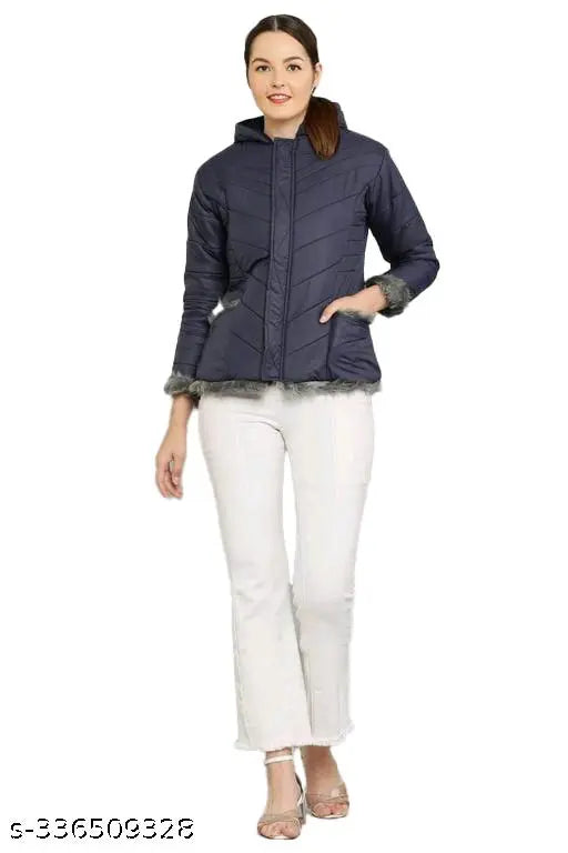 Blue nylon women's winter jacket, solid pattern, long sleeves, S, M, L & XL sizes available
